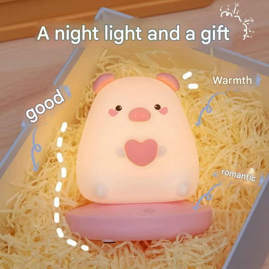 Adorable Animal Silicone LED Night Light - 3 Brightness Levels, USB Rechargeable, Touch Control(Love Pig)